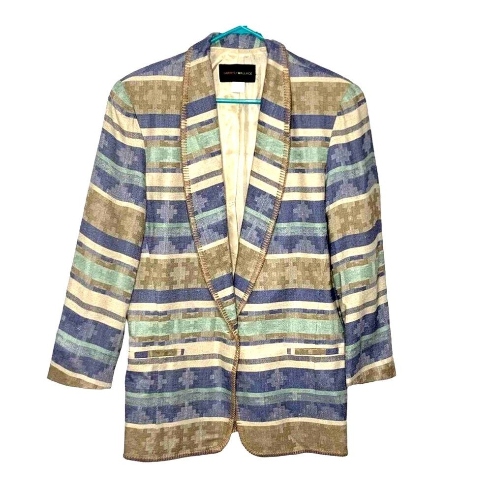 Harris Wallace Jacket‎ Womens Small Blue Beige Button Shoulder Pads Lined Blazer